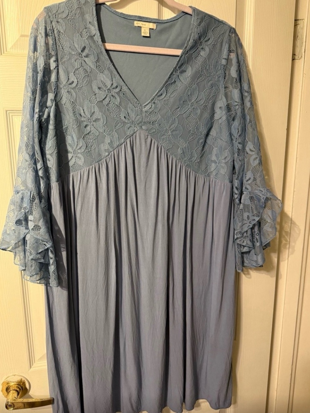 Covington Dusty Blue Lace Yoke V-Neck Midi Dress